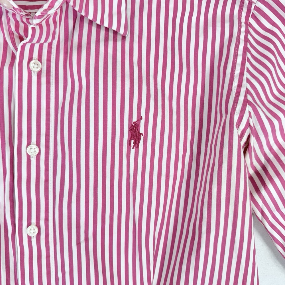 Ralph Lauren Sport Shirt Women 10 Pink White Stripe Elbow Sleeve Pony Preppy EUC - Picture 3 of 9